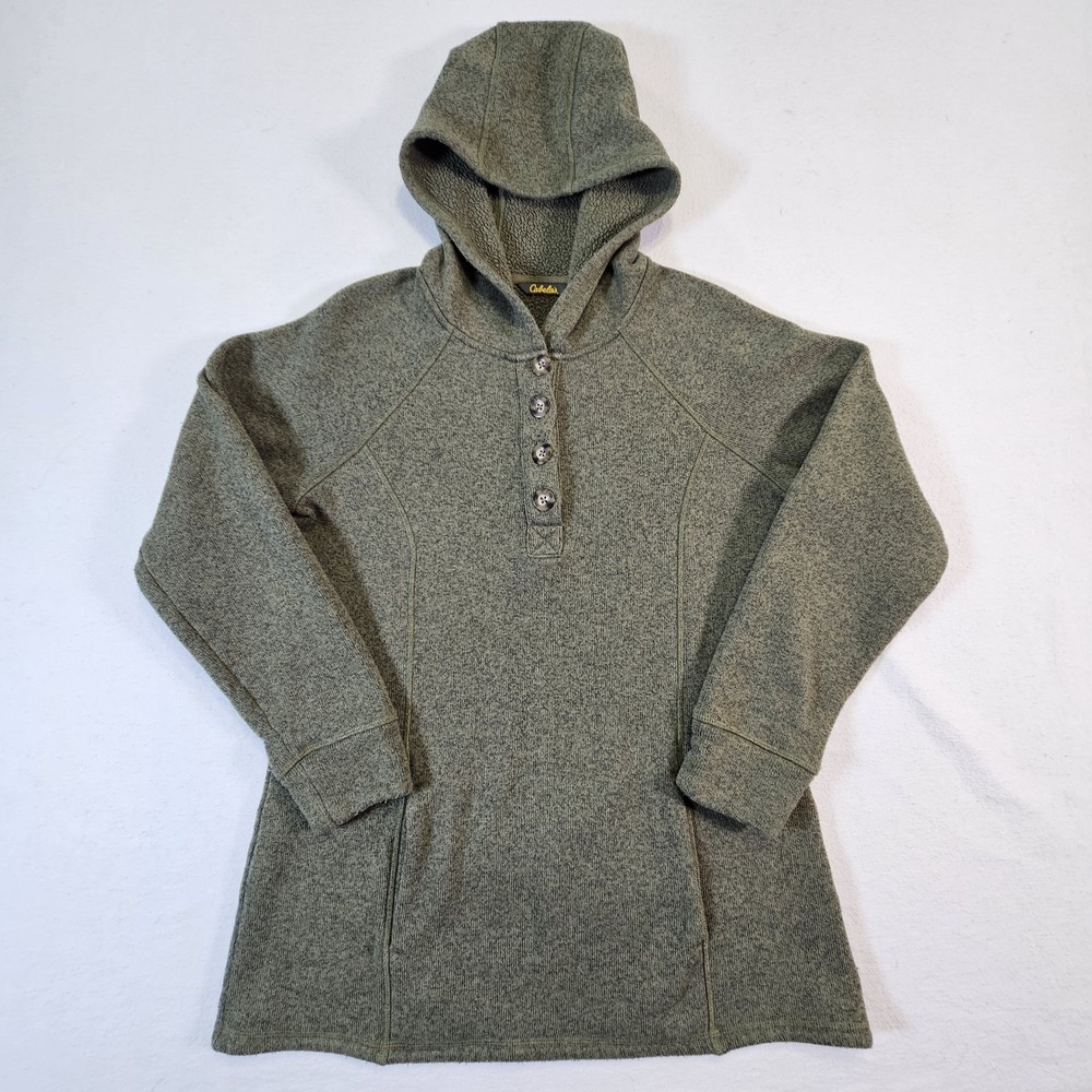 Cabela's Pullover Herringbone Grapevine Sweater with‎ hood 1/4 button Sz L Green